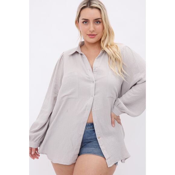 Tops - 106. Light Grey Gauze Button Down Puff Sleeves Blouse Shirt Top